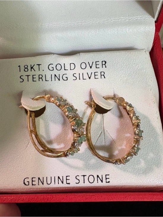 Macy's Jewelry - Macy's 18KT Gold Over Sterling Silver Hoop Earrings with Green Stones